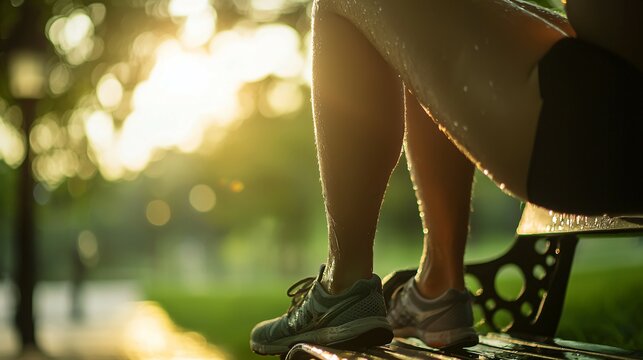 Athletic man stretching legs on park bench after long distance race, exhausted marathon runner recovering from intense workout, fitness and endurance concept. - Powered by Adobe