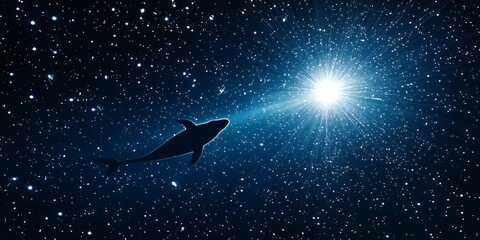 Whale swims towards bright light in starry night sky. Symbol of hope, journey, escape