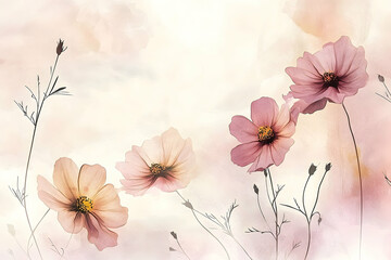 Delicate pastel cosmos flowers in soft blush tones.
