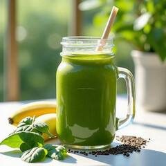 A clean, bright shot of a green smoothie made with whole fruits and vegetables. Ideal for wellness and fitness content.