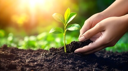 Hands Planting Young Tree Seedling in Rich Dark Soil Outdoors
