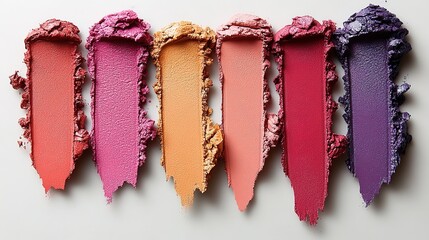 Vibrant spectrum of pressed powder cosmetic swatches on a neutral background