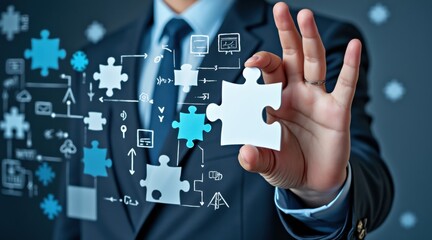 A businessman interacts with digital puzzle pieces and icons, symbolizing problem-solving, strategy, and innovative thinking in a modern environment.