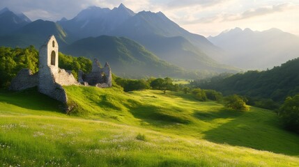 Fototapeta premium Ruins of ancient church overlooking idyllic valley in Slovenia