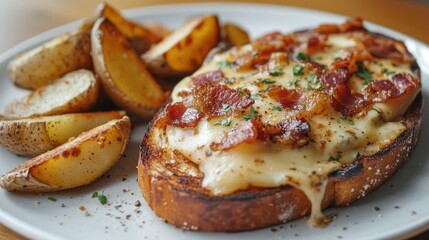 A close-up of a toasted sandwich with melted cheese and crispy bacon, with a sprinkle of herbs on top and a side of crispy potato wedges on a white plate.