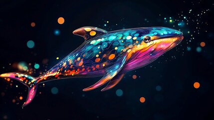 Colorful whale swims amongst blurred, glowing orbs, for abstract posters, graphics, web design