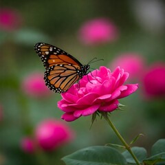 Fototapeta premium Monarch butterfly feeding on a pink rose in a garden