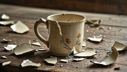 A worn, cream-colored ceramic mug lies broken on a worn wooden table, its fragments scattered haphazardly, with a few shards still clinging to the mug's handle.
