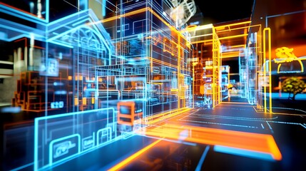 Fototapeta premium Futuristic cityscape featuring neon-lit buildings and digital elements, showcasing advanced urban design