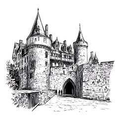 Hand-drawn sketch of a medieval castle with towers, gate, and walls.