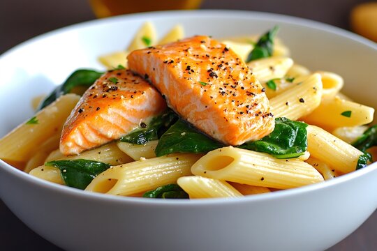 Penne pasta with grilled salmon and spinach in a creamy sauce - Powered by Adobe