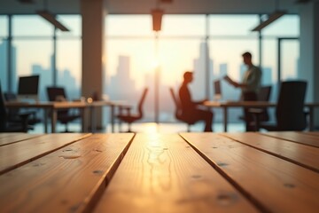 Modern office space with cityscape view and wooden desk for business and professional atmosphere
