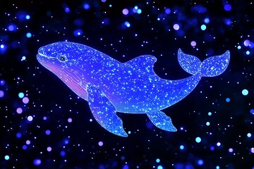 Glowing whale swims in starry deep sea. Use educational materials, books, social media posts