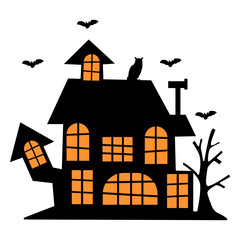 Creepy Haunted House Halloween Silhouette on White Background. Isolated Vector Illustration