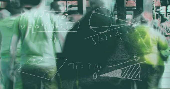 Animation of geometric shapes and equations overlaying blurred figures in motion