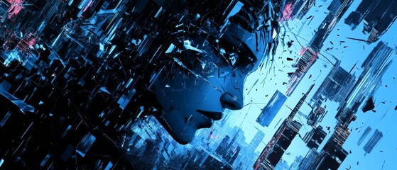 Abstract face in blue tones with fragmented geometric shapes surrounding the head.