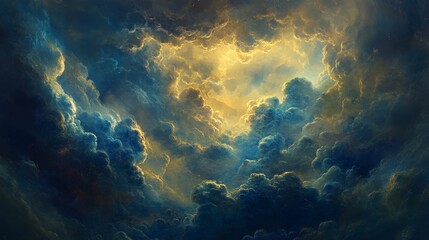Dramatic sky with dark blue clouds and golden light abstract painting.
