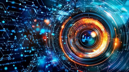 Obraz premium Abstract representation of a digital camera lens surrounded by vibrant technology-themed visuals