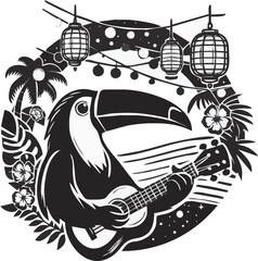 Vector illustration of an electric guitar with tribal fish design in black silhouette style, blending nature and vintage art elements