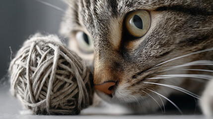 Cat with Yarn Ball in Close-Up Scene