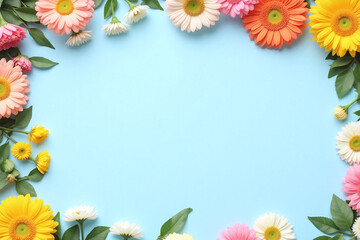 blue background with orange flowers and green leaves