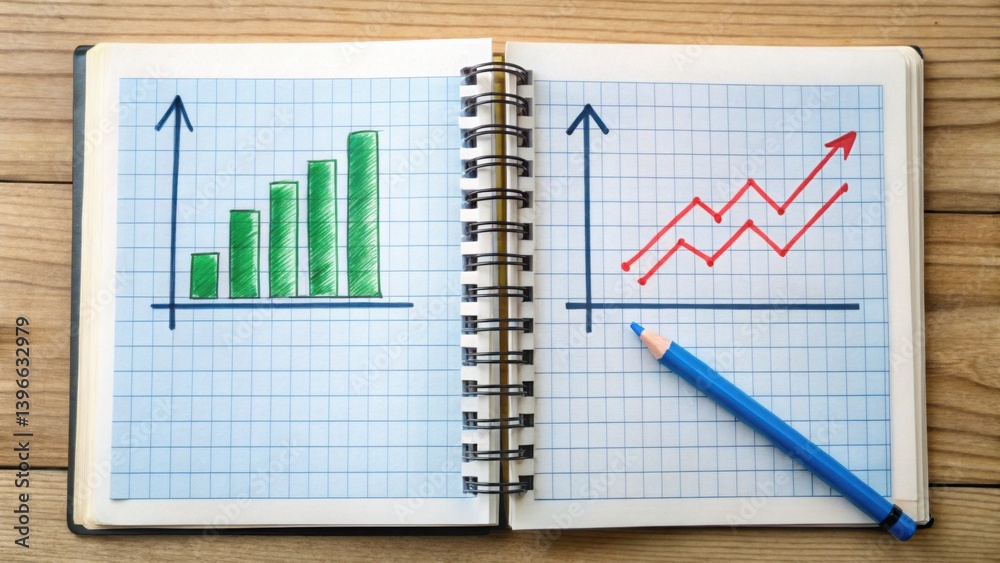 Aufkleber Realistic Sketch of Growth Charts in Notebook with Graph Style