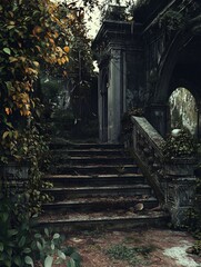 Obraz premium Overgrown Stone Staircase: Nature Reclaiming Lost Architecture