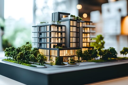 Realistic Mockup Small-scale condominium model with modern facade, complete with small trees and walkway, presented on a display table with premium lighting