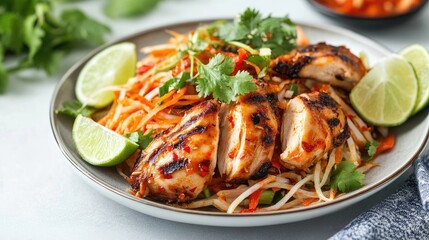 A vibrant plate of spicy som tam papaya salad served with juicy, grilled chicken thighs, garnished with fresh herbs and lime wedges, set against a clean background.