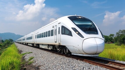 Naklejka premium High-speed train journey through lush green fields scenic railway daytime view modern transportation concept