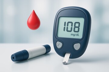 Glucose Meter Diagnostic: A close-up shot of a glucose meter displaying a blood sugar reading, alongside a lancet and a blood drop, symbolizing health monitoring and diabetes care.