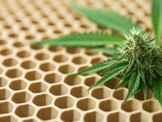 Cannabis and hemp innovation concept. Close-up of cannabis flower on a textured hexagonal background.