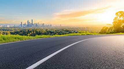 Fototapeta premium A winding suburban road leading toward a distant glowing city skyline, Suburban Sunset of City Skylines