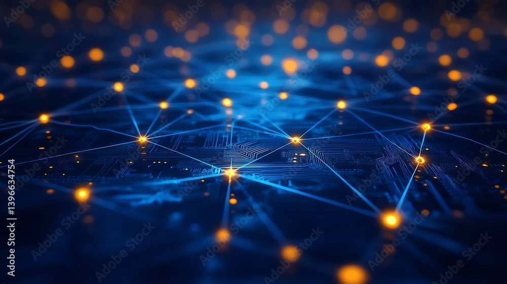 Aufkleber abstract digital network with glowing nodes and interconnected lines over a circuit board background