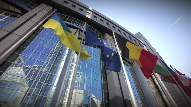Slow-motion of Ukraine, EU, Belgium, Bulgaria flags waving at EU Parliament