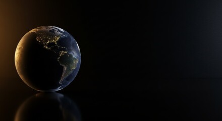 Fundo preto com globo terrestre escuro com luz incidindo sobre o globo e espáço para texto.