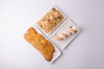 full sushi tray delivery japanese food close up portrait with soy sauce and chopsticks transparent background