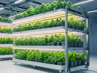 Cannabis and hemp innovation concept. Vertical farming setup with shelves filled with potted plants and LED lighting.
