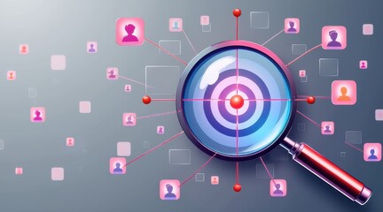 A digital illustration showing a magnifying glass overlaid on a network of user icons, symbolizing search, analysis, and social connections.