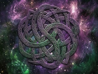 Intertwined knot symbol against a colorful cosmic nebula background.