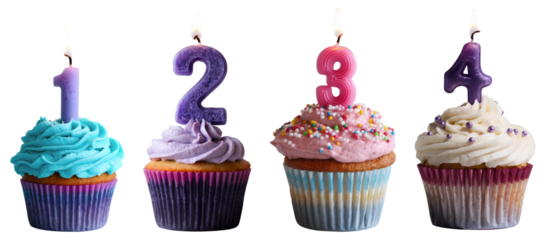 birthday cupcakes with number candles 1, 2, 3, and 4 on white background