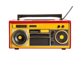 Vintage portable radio with retro speakers buttons and antenna in bold red and yellow design isolated on transparent. 