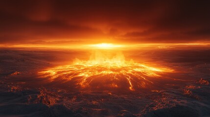 Obraz premium Majestic Eruption of a Volcano at Sunset: A Stunning Aerial View Capturing Fiery Lava Flows, Dramatic Clouds, and Intricate Textures of the Lava Field in a Breathtaking Natural Environment