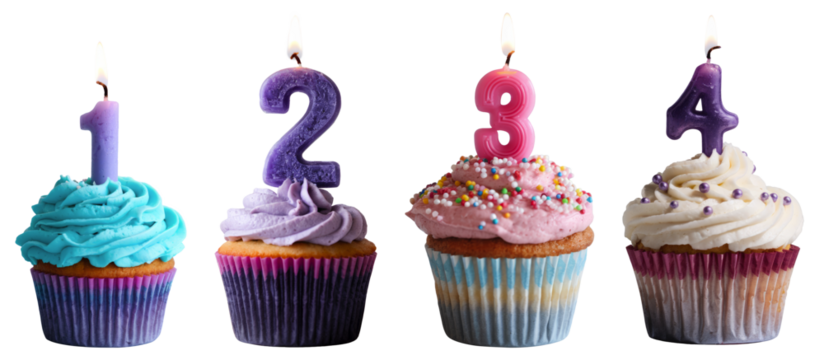 birthday cupcakes with number candles 1, 2, 3, and 4 on white background