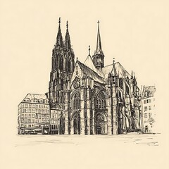 Fototapeta premium Pen sketch of a Gothic cathedral and adjacent buildings.