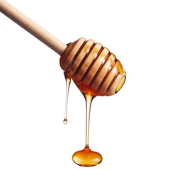 honey dripping from wooden dipper on white background