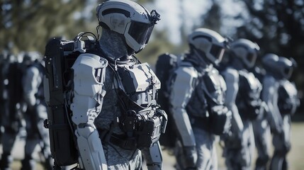 Futuristic soldiers standing in formation wearing advanced combat gear