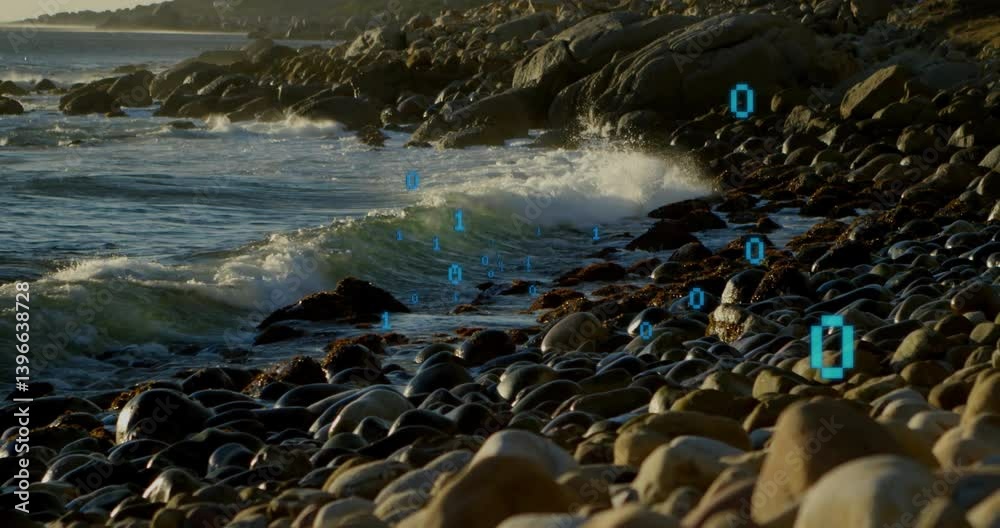 Poster waves crashing on rocky shore with digital binary code animation overlay