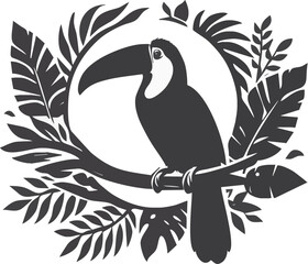 Silhouette Toucan Perched Amidst Lush Foliage: A striking silhouette of a toucan, with its distinctive large beak, is perched on a branch amidst a wreath of detailed, verdant leaves.