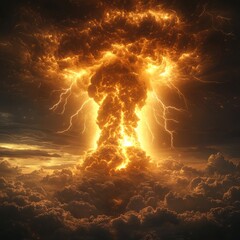 Obraz premium Dramatic Nuclear Explosion with Fiery Clouds and Lightning: A Stunning High-Contrast Visualization Capturing the Power of Nature and Man-made Forces in a Dark Atmospheric Setting